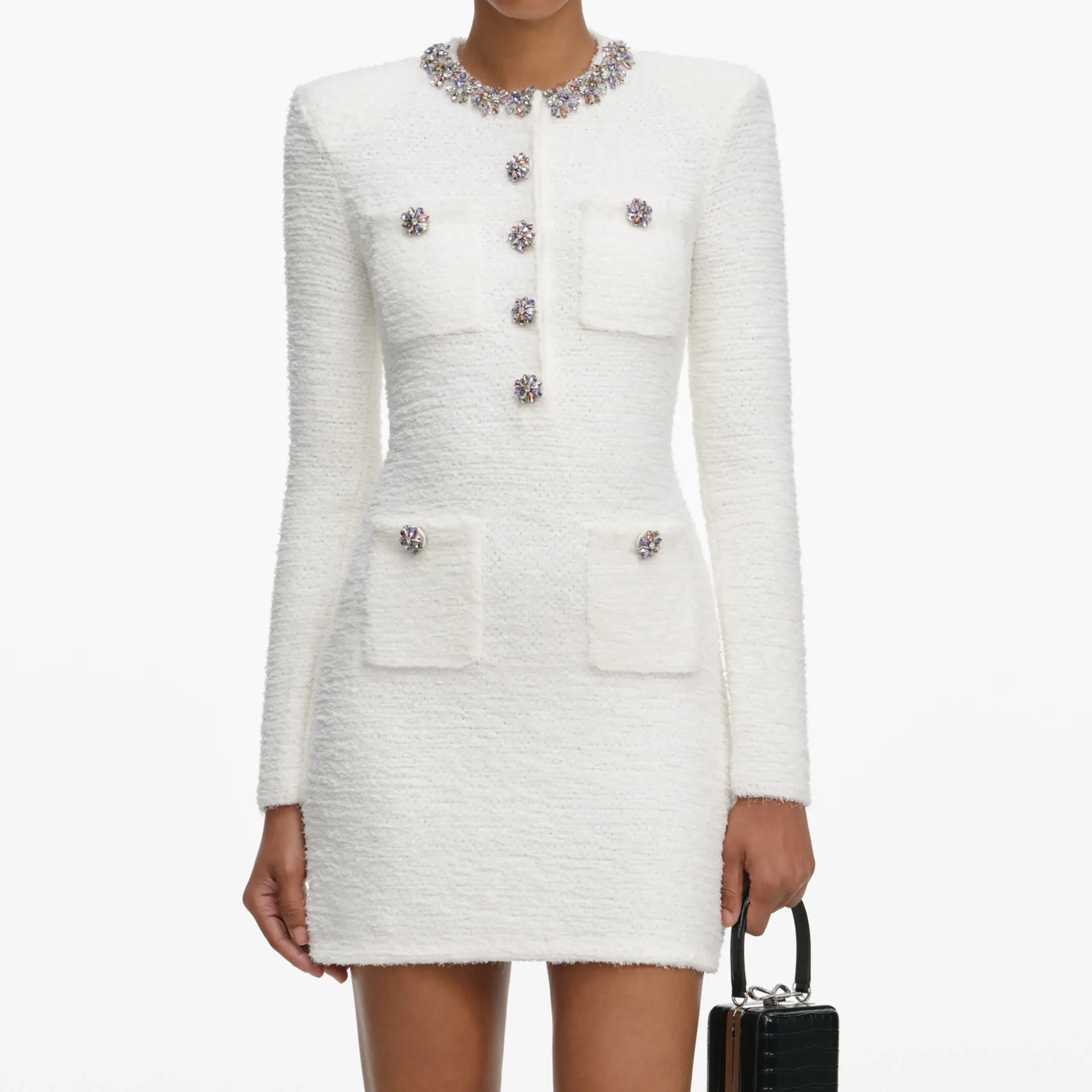 Cream Crystal Trim Knit Mini Dress
