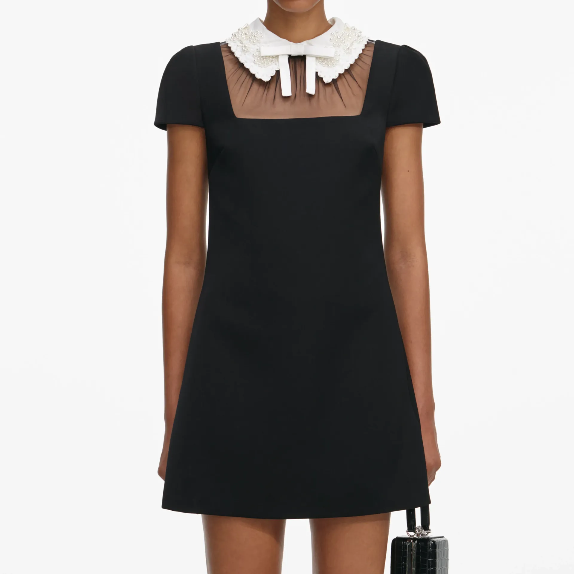 Black Crêpe Bow Collar Mini Dress