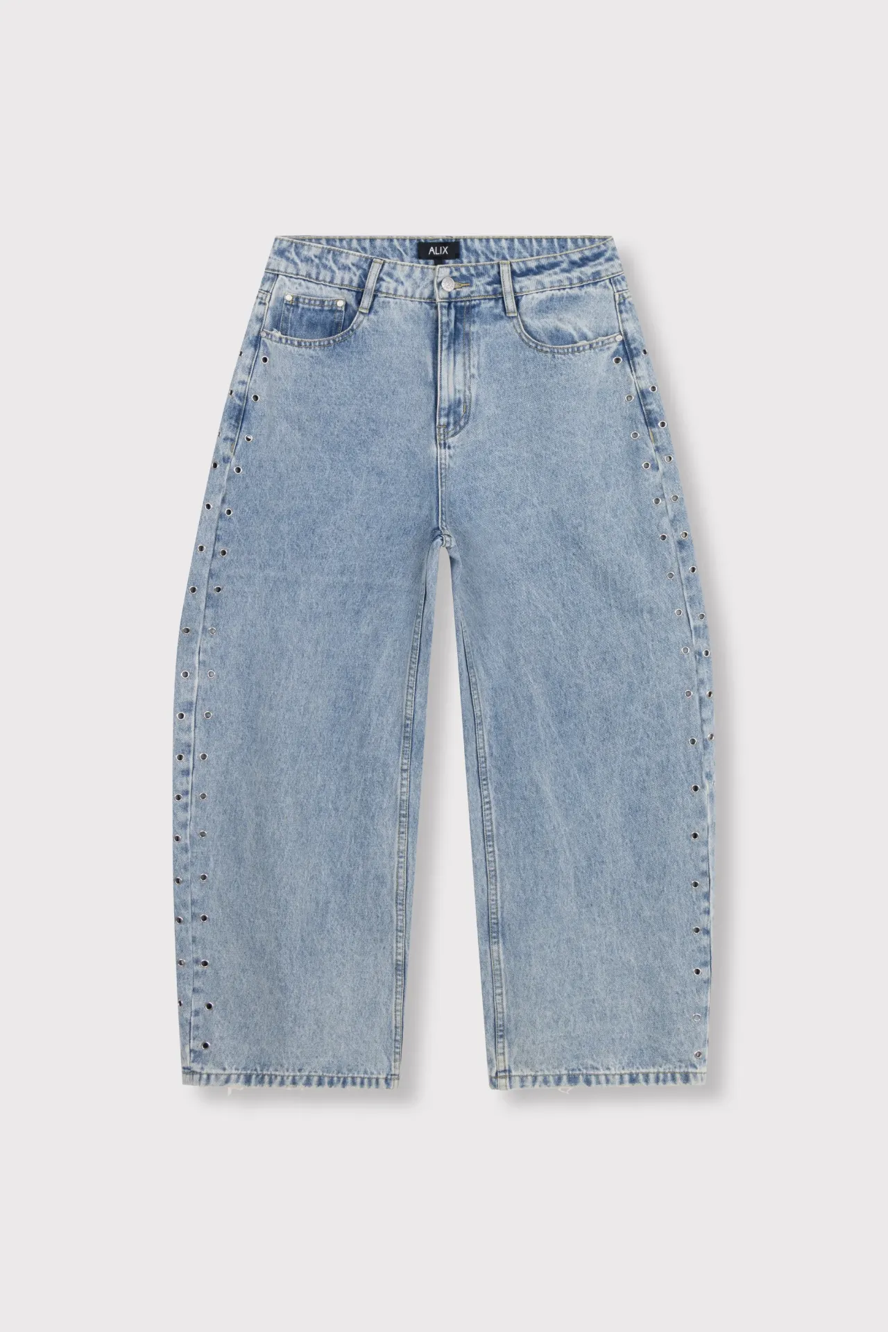 Woven Studded Barrel Denim Pants (XS)