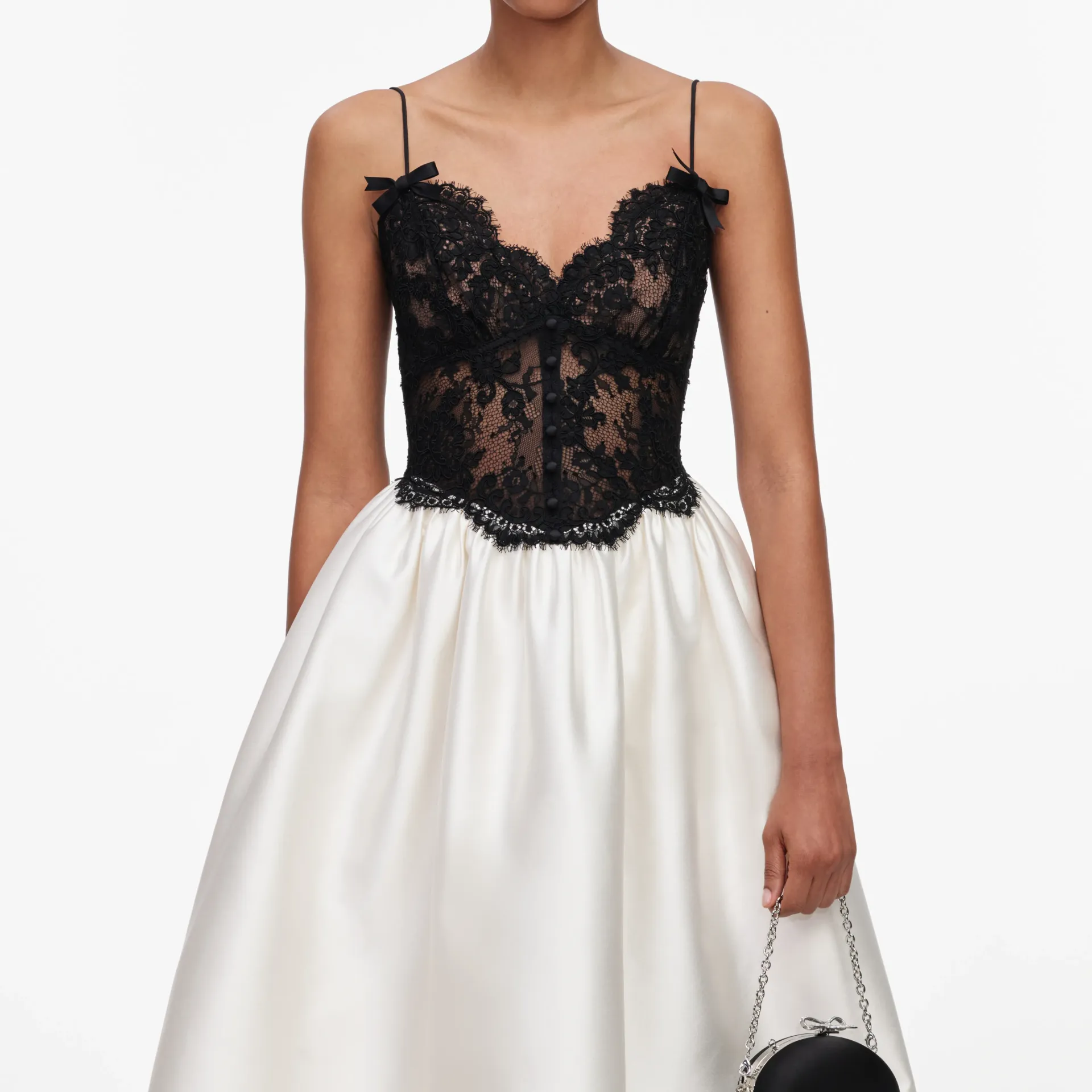 CREAM TAFFETA CONTRAST LACE MIDI DRESS