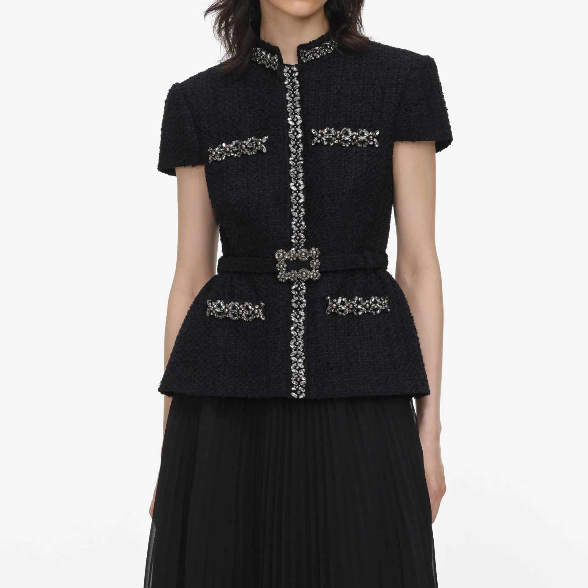 BLACK BOUCLE CRYSTAL TRIM SATIN MIDI DRESS