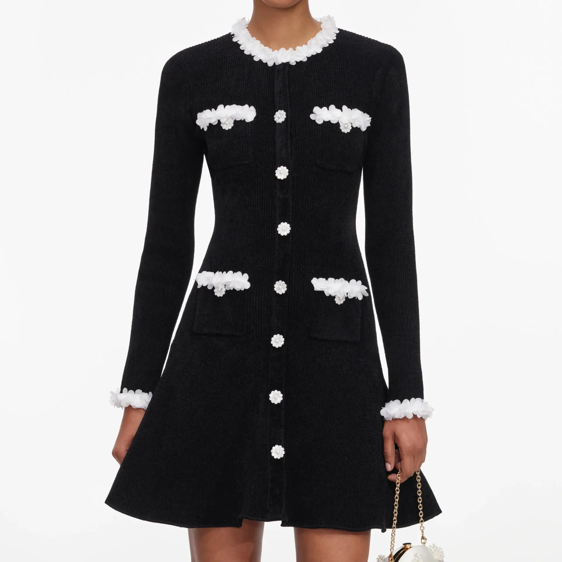 BLACK CHENILLE KNIT FLOWER TRIM MINI DRESS (S)