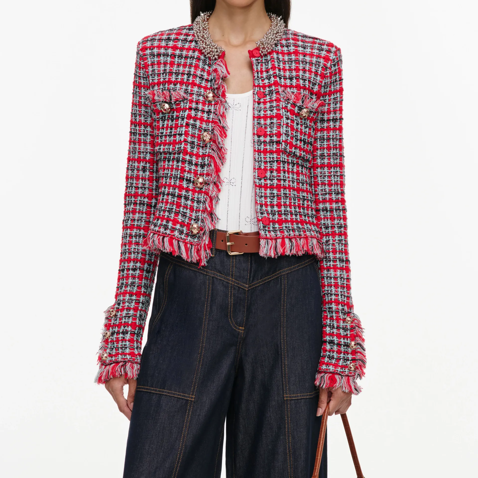 RED CHECK FRAYED KNIT JACKET