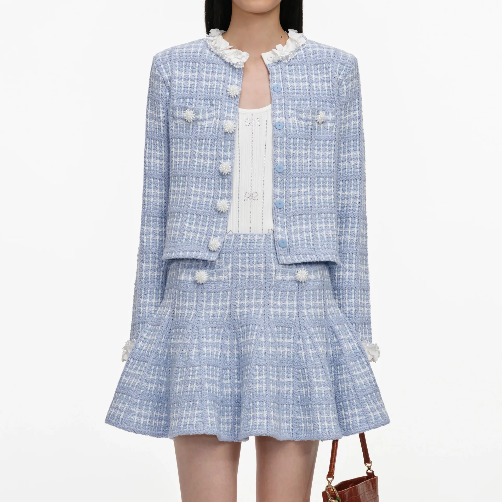 BLUE CHECK KNIT BEADED JACKET (XS)
