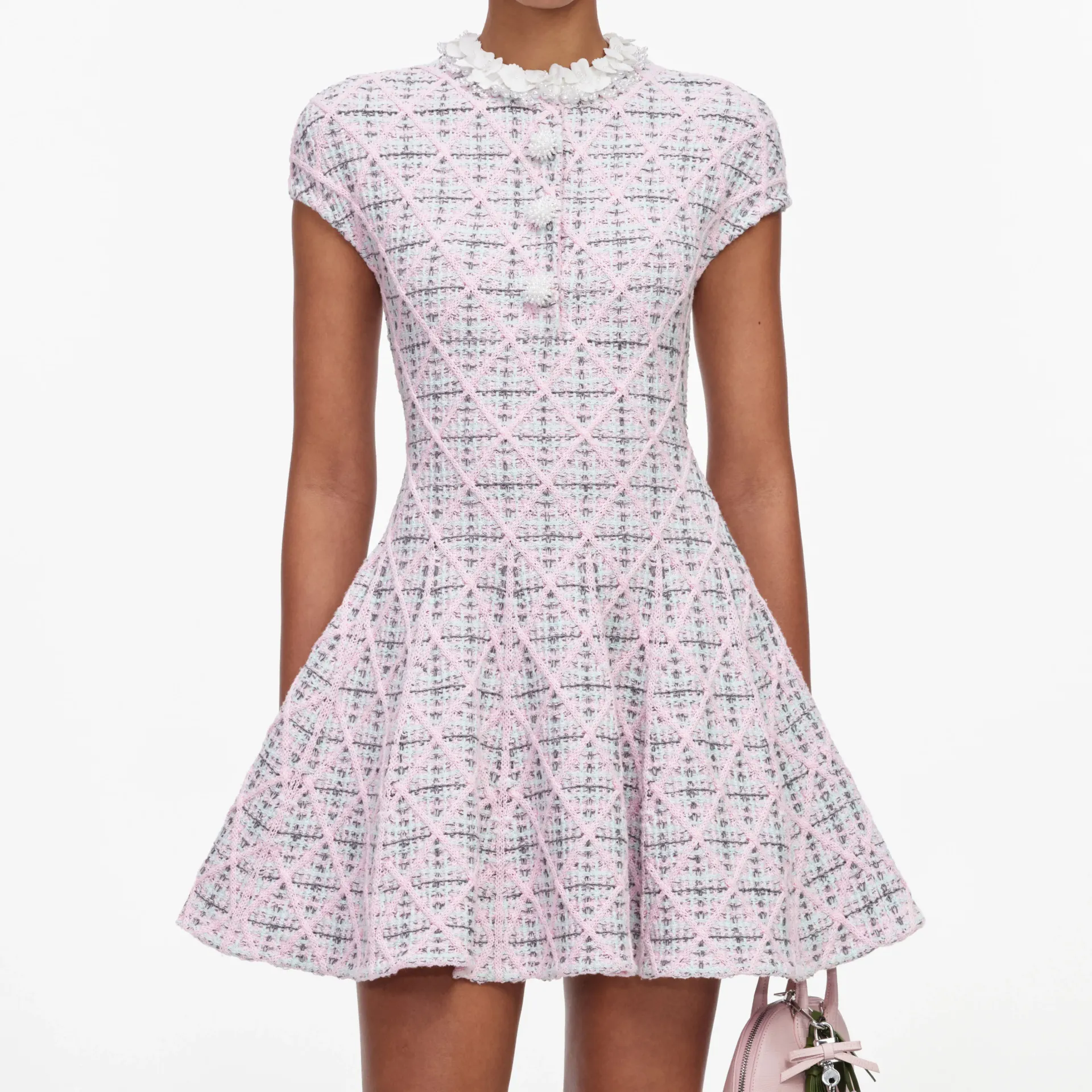 PINK CHECK KNIT BEADED MINI DRESS