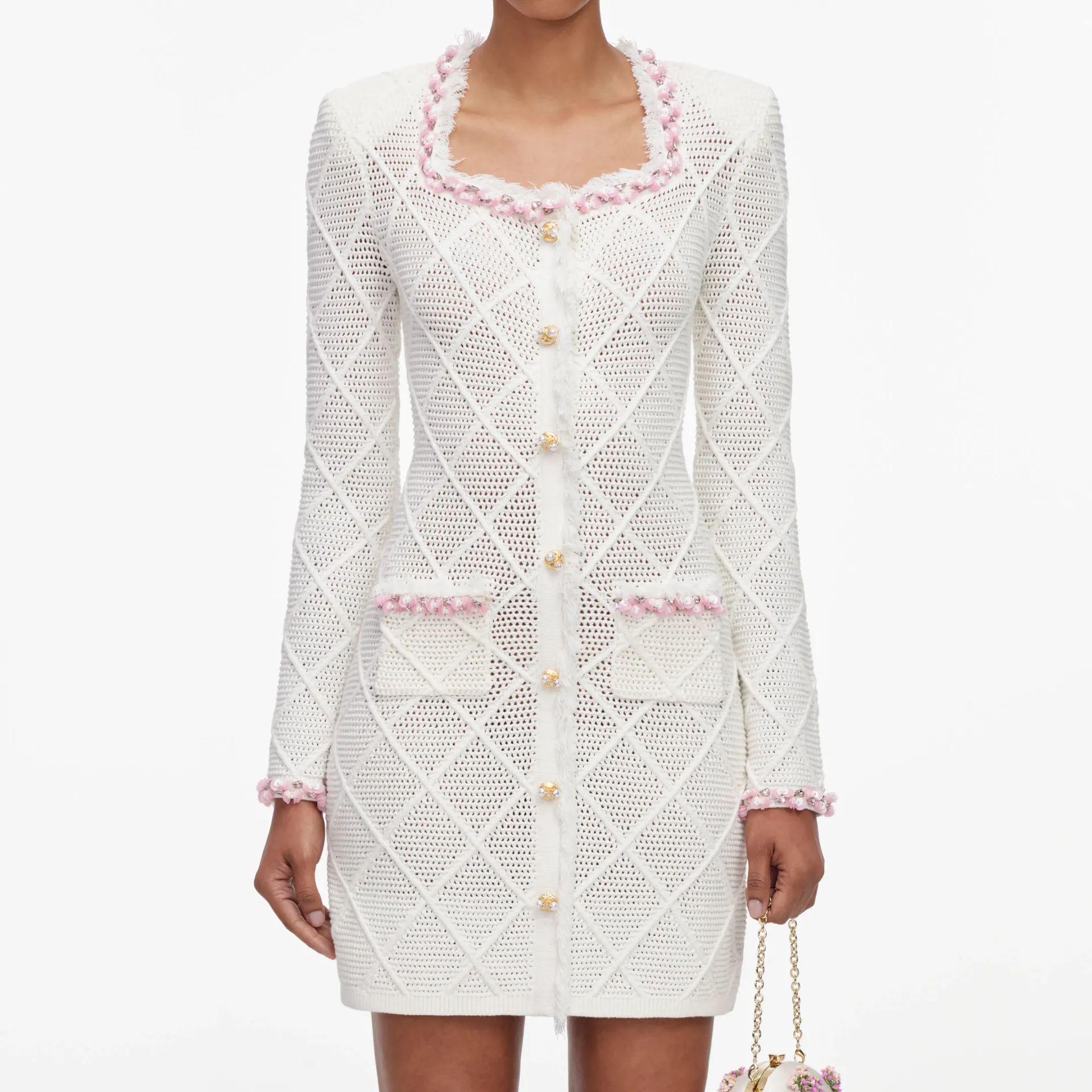 WHITE FRINGE KNIT MINI DRESS