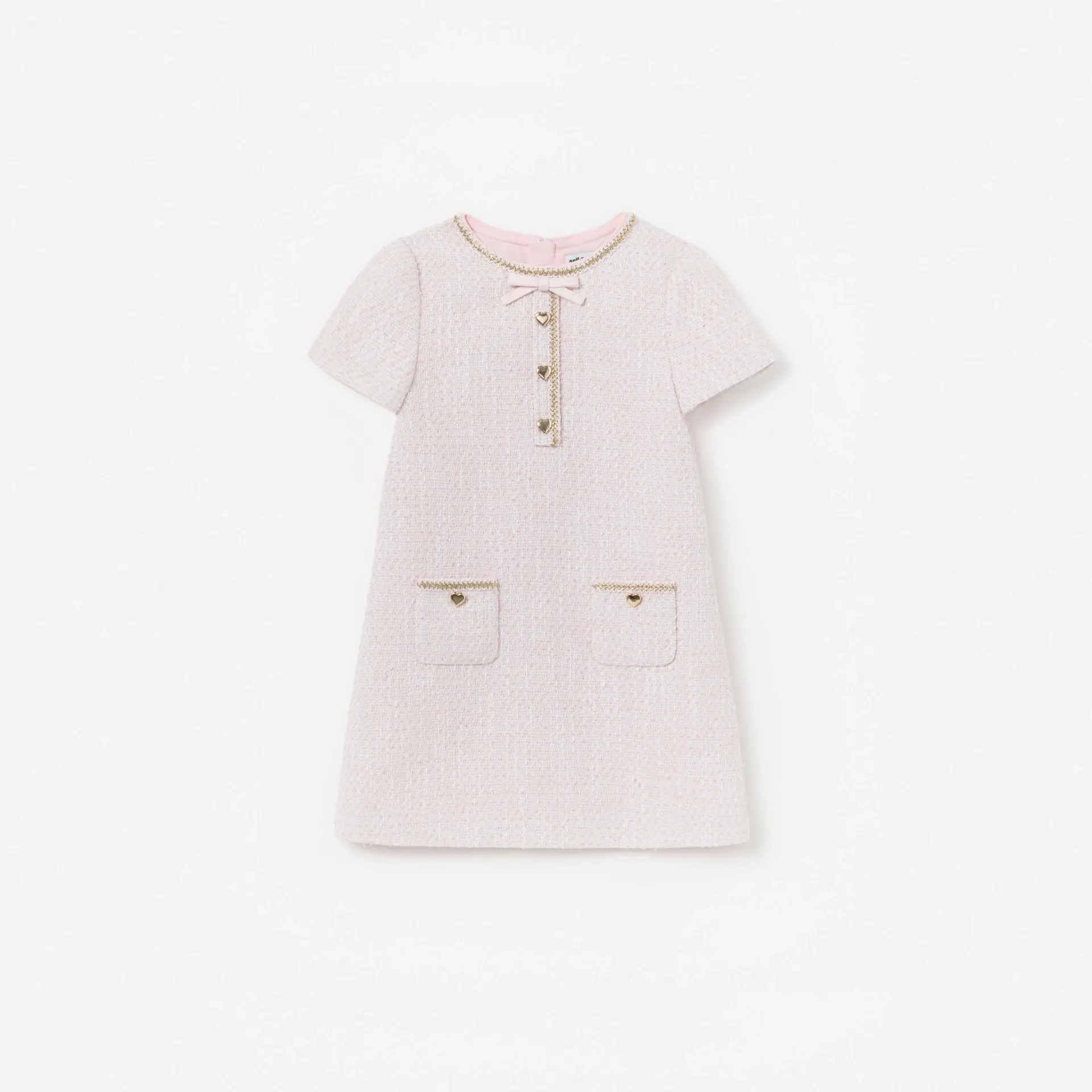 PINK BOUCLE BRAIDED TRIM DRESS