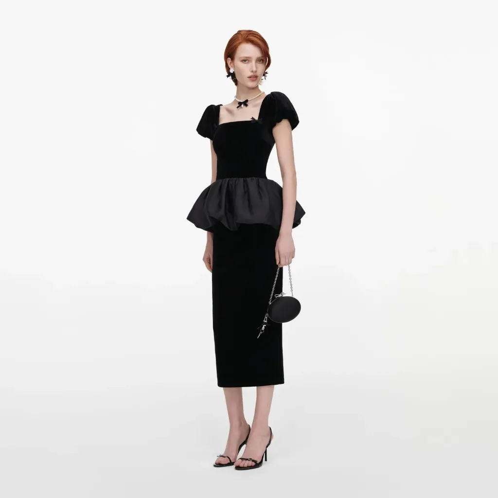 BLACK VELVET BUBBLE PEPLUM MIDI DRESS