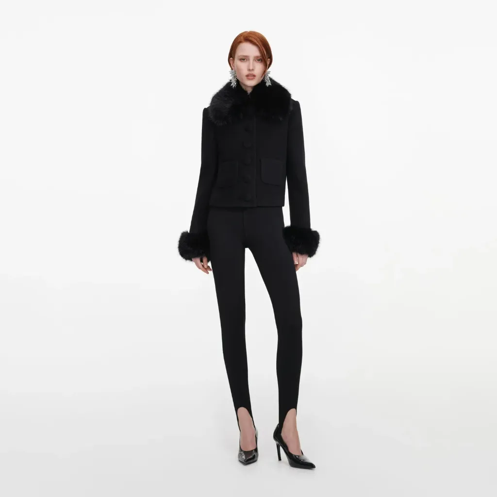BLACK WOOL FUR CUFF JACKET
