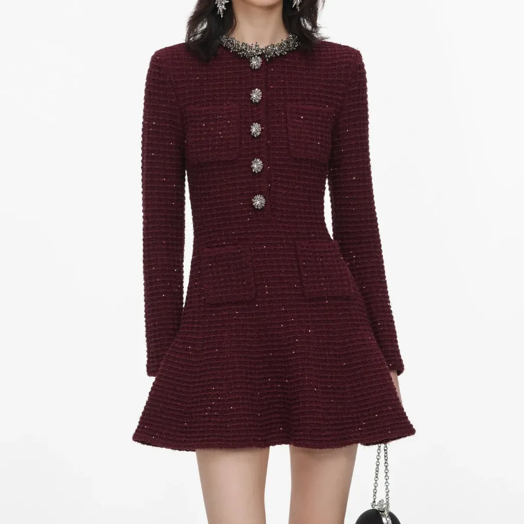 BURGUNDY TEXTURED KNIT EMBELLISHED MINI DRESS