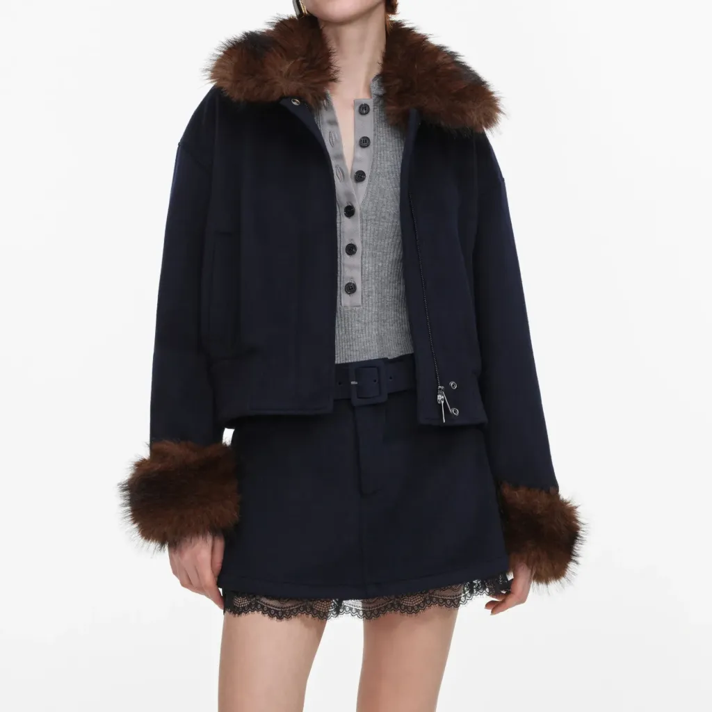 NAVY WOOL FUR TRIM JACKET