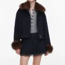 NAVY WOOL FUR TRIM JACKET