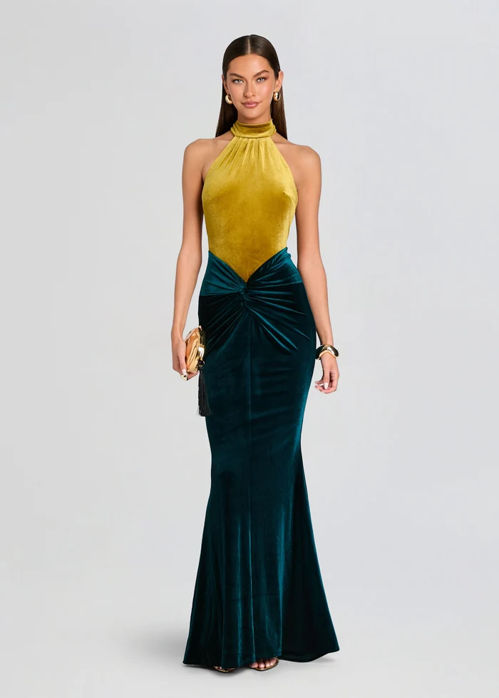 Goleta Velvet Dress in Ochre/Sarcelle